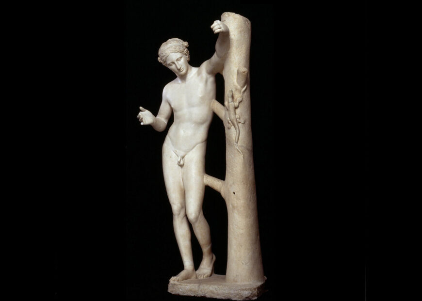 Praxiteles, Apollo Sauroktonos, Roman marble copy of a Greek bronze original from c. 350 B.C.E., 1.67 m high (Musée du Louvre, Paris)