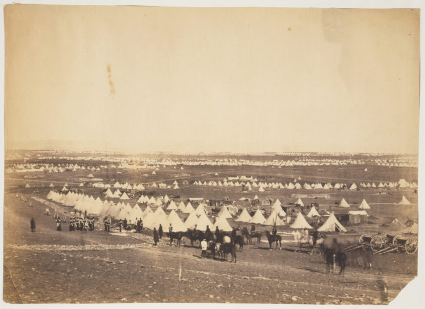 Roger Fenton, "Looking towards Mackenzie's Heights, tents of the 33rd Regiment in the foreground," <em>Photographic Panorama of the Plateau of Sebastopol</em>, 1855, salted paper print, 25 x 35 cm (Library of Congress)