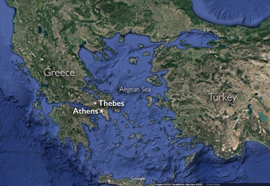 Map with Athens and Thebes (underlying map © Google)