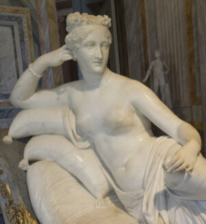 Paolina Borghese's torso (detail), Antonio Canova, Paolina Borghese as Venus Victorious, 1804–08, white marble, 160 x 192 cm (Galleria Borghese, Rome; photo: Carmelo Peciña, CC BY-SA 2.0)