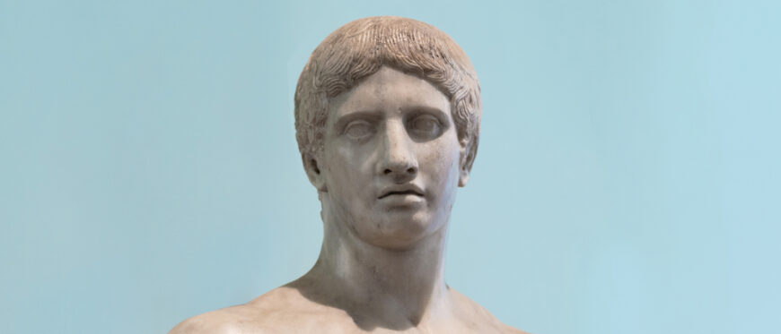 Polykleitos, Doryphoros (Spear-Bearer) or The Canon, c. 450–440 B.C.E., ancient Roman marble copy found in Pompeii of the lost bronze original, 211 cm high (Museo Archeologico Nazionale di Napoli)