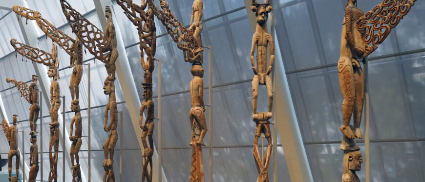 Nine Bis Poles, from left to right: Jiem (artist), Otsjanep village, c. 1960; Jiem (artist), Otsjanep village, c. 1960; Terepos (artist), Omadesep village, c. 1960; Jewer (artist), Omadesep village, c. 1960; Fanipdas (artist), Omadesep village, c. 1960; artist unknown, probably Per village, c. 1960; artist unknown, Omadesep village, late 1950s; Ajowmien (artist), Omadesep village, c. 1960; Bifarq (artist), Otsjanep village, c. 1960, Asmat people, Faretsj River region, Papua Province, Irian Jaya, Indonesia, wood, paint, fiber (Michael C. Rockefeller Wing, The Metropolitan Museum of Art)