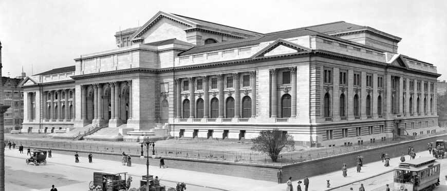 Façade of The New York Public Library along Fifth Avenue, 1908, drawing from a glass negative (New York Public Library, New York)