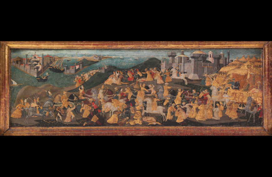 Front panel depicting the Conquest of Trebizond, Marco del Buono Giamberti and Apollonio di Giovanni di Tomaso, Cassone with the Conquest of Trebizond, after c. 1461, poplar wood, linen, polychromed and gilded gesso with panel painted in tempera and gold, 100.3 x 195.6 x 83.5 cm (The Metropolitan Museum of Art)