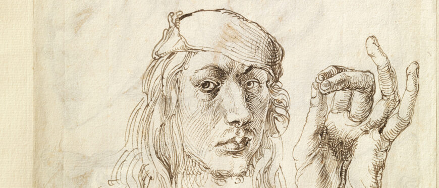 Albrecht Dürer, Self-portrait, Study of a Hand and a Pillow (recto); Six Studies of Pillows (verso), 1493, pen and brown ink, 10 15/16 x 7 15/16″ / 27.8 x 20.2 cm (The Metropolitan Museum of Art)
