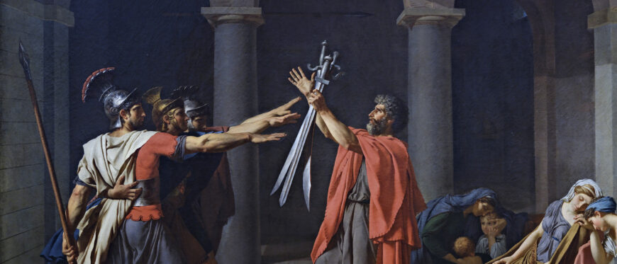 Jacques-Louis David, Oath of the Horatii, 1784, oil on canvas, 3.3 x 4.25 m, painted in Rome, exhibited at the salon of 1785 (Musée du Louvre)