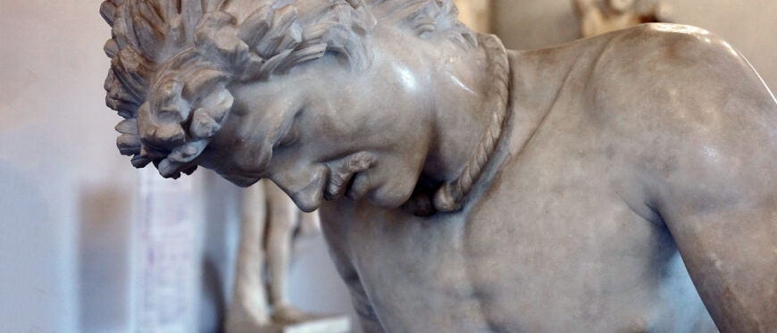 Copy after Epigonus, Dying Gaul (Roman), 1st or 2nd century C.E. (copy of Third Century B.C.E. Hellenistic bronze commemorating Pergamon's victory over the Gauls likely from the Sanctuary of Athena at Pergamon), marble, 93 cm high (Musei Capitolini, Rome; photo: Steven Zucker, CC BY-NC-SA 2.0)