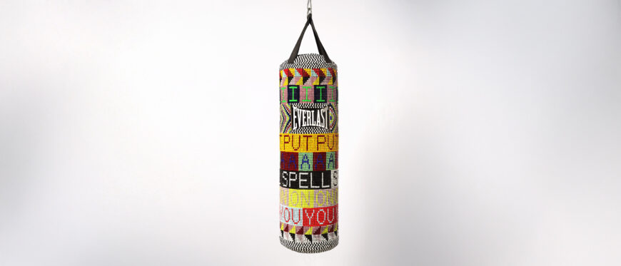 Jeffrey Gibson, I PUT A SPELL ON YOU, 2015, re-purposed punching bag, glass beads, artificial sinew, and steel, 101.6 x 35.6 x 35.6 cm (Nasher Museum of Art at Duke University, Durham) © Jeffrey Gibson Studio, photo by Peter Paul Geoffrion