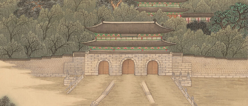 Details of the castle. Left: An Jungsik, Spring Dawn at Mt. Baegak (“Summer” Version), 1915, ink and light colors on silk, 129.5 × 50.0 cm, Registered Cultural Heritage 485 (The National Museum of Korea)