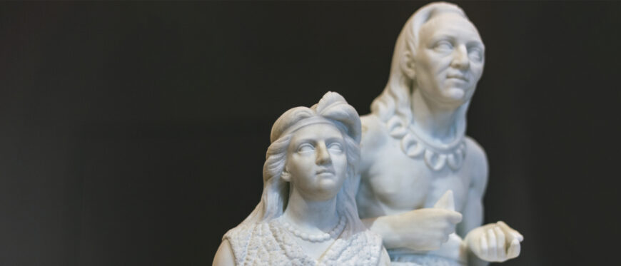 Edmonia Lewis, The Old Arrow Maker, modeled 1866, carved c. 1872, marble, 50.8 x 35.6 x 35.6 cm (Crystal Bridges Museum of American Art; photo: Steven Zucker, CC BY-NC-SA 2.0)