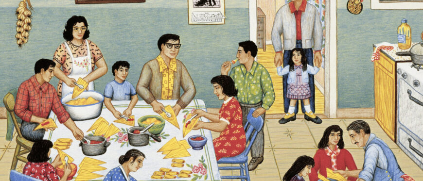 Carmen Lomas Garza, Tamalada, 1990, color lithograph, 50.8 x 68.6 cm (Smithsonian American Art Museum, Washington, D.C.) © Carmen Lomas Garza