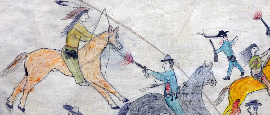 Henry Oscar One Bull/Tȟatȟáŋka Waŋžíla (Hunkpapa Lakota), Custer’s War, c. 1900, 39 x 69 inches (irregular), pigments, ink on muslin (Minneapolis Institute of Art; photo: Steven Zucker, CC BY-NC-SA 2.0)