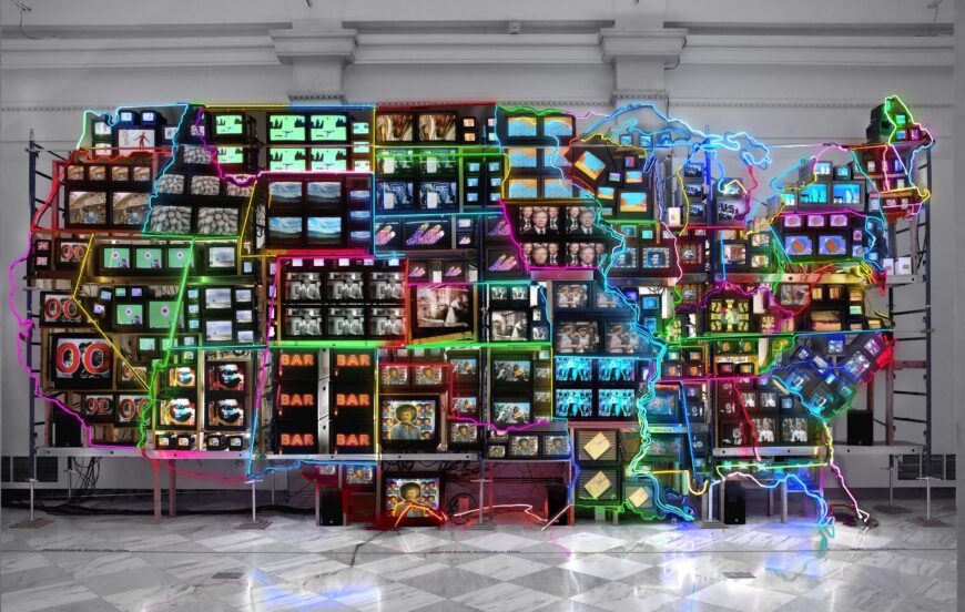 Nam June Paik, Electronic Superhighway: Continental U.S., Alaska, Hawaii, 1995, fifty-one channel video installation (including one closed-circuit television feed), custom electronics, neon lighting, steel and wood; color, sound, approx. 15 x 40 x 4' (Smithsonian American Art Museum) (© Nam June Paik Estate)