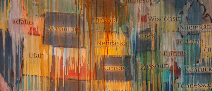 Jaune Quick-To-See Smith, State Names, 2000, oil, collage, and mixed media on canvas, 121.9 x 182.9 cm (Smithsonian American Art Museum; photo: Steven Zucker, CC BY-NC-SA 2.0) ©Jaune Quick-To-See Smith