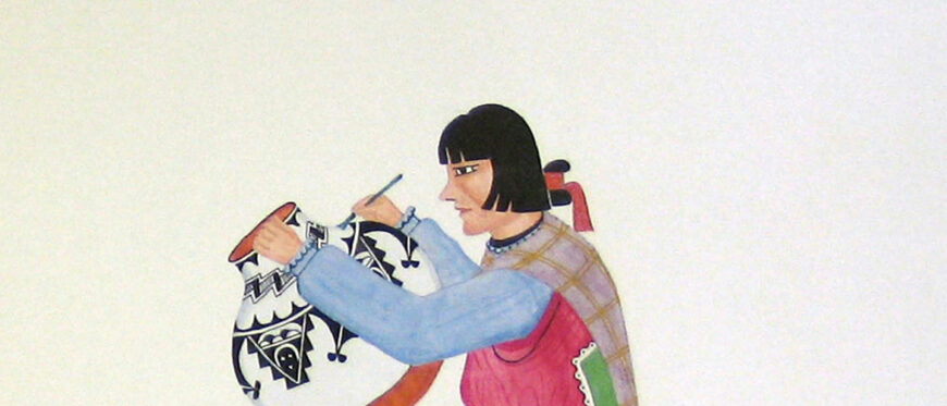 Awa Tsireh, Pottery Makers, c. 1930, ink and watercolor, 33.02 x 54.29 cm (Columbus Museum of Art, Ohio)