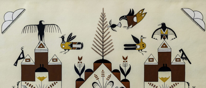 Velino Shije Herrera (Ma Pe Wi), Design, Tree and Birds, c. 1930, watercolor on paper, 25.25 x 17.75 inches (Newark Museum of Art, Gift of Amelia Elizabeth White, 1937, 37.216)