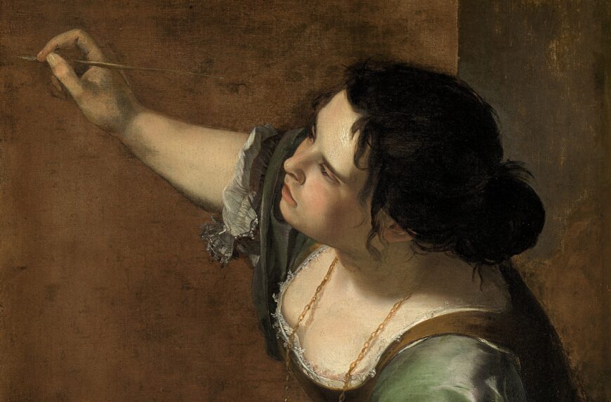 Artist painting (detail), Artemisia Gentileschi, Self-Portrait as the Allegory of Painting (La Pittura), c. 1638–39, oil on canvas, 98.6 x 75.2 cm (Royal Collection Trust, London)