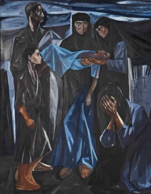 Left side (detail), Mahmoud Sabri, The Death of a Child, 1963, oil on canvas, 137 x 196 cm (photograph by Mathaf: Arab Museum of Modern Art, courtesy of the artist’s family)