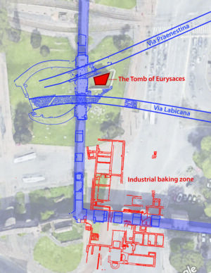 Archaeological remains uncovered near the Porta Praenestina. In red, the Tomb of Eurysaces and a large-scale milling complex. In blue, the main roads (Via Praenestina, Via Labicana), the city gate (Porta Praenestina), and the aqueducts (Aqua Claudia, Anio Novus). Line drawing overlaying GoogleMaps image by A. B. Kidd, adapted from Coates-Stephens 2004: Plate I (G. Ioppolo, SOVRCBAS)