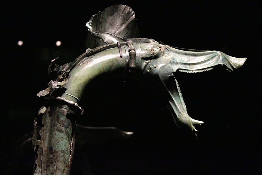 Ancient carnyx (tall, animal-headed war trumpet), bronze, 1st century B.C.E., excavated at Tintignac, France, in 2004 (photo: Claude Valette, CC BY-SA 3.0)