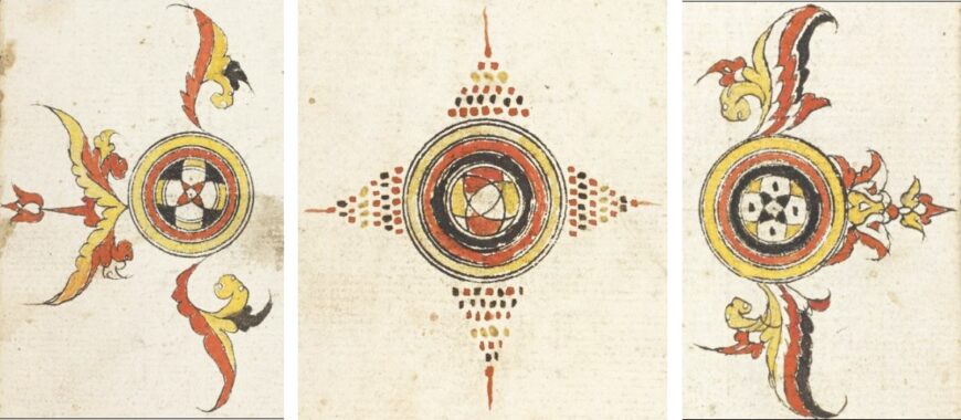 Examples of marginal ornaments marking the start of a juz’. Left to right: folios 80 rectio, 126 recto, 99 verso (details), Qur'an, Aceh, 1820s (British Library, Or. 16915)