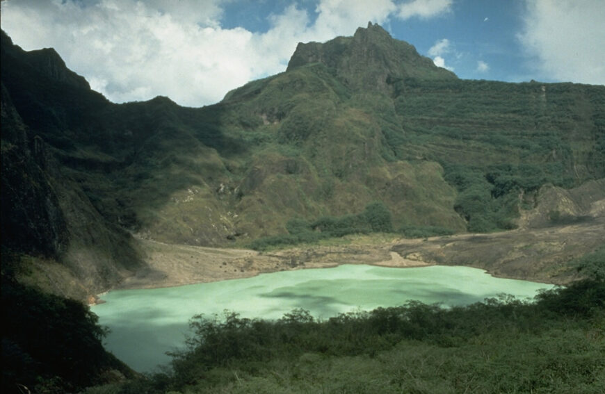 The broad, irregular summit of Kelud volcano contains several lava domes and a crater lake that has been the source of frequent violent and sometimes devastating eruptions. Mount Kelud, Java (photo: Dan Dzurisin, 1980, U.S. Geological Survey, public domain)