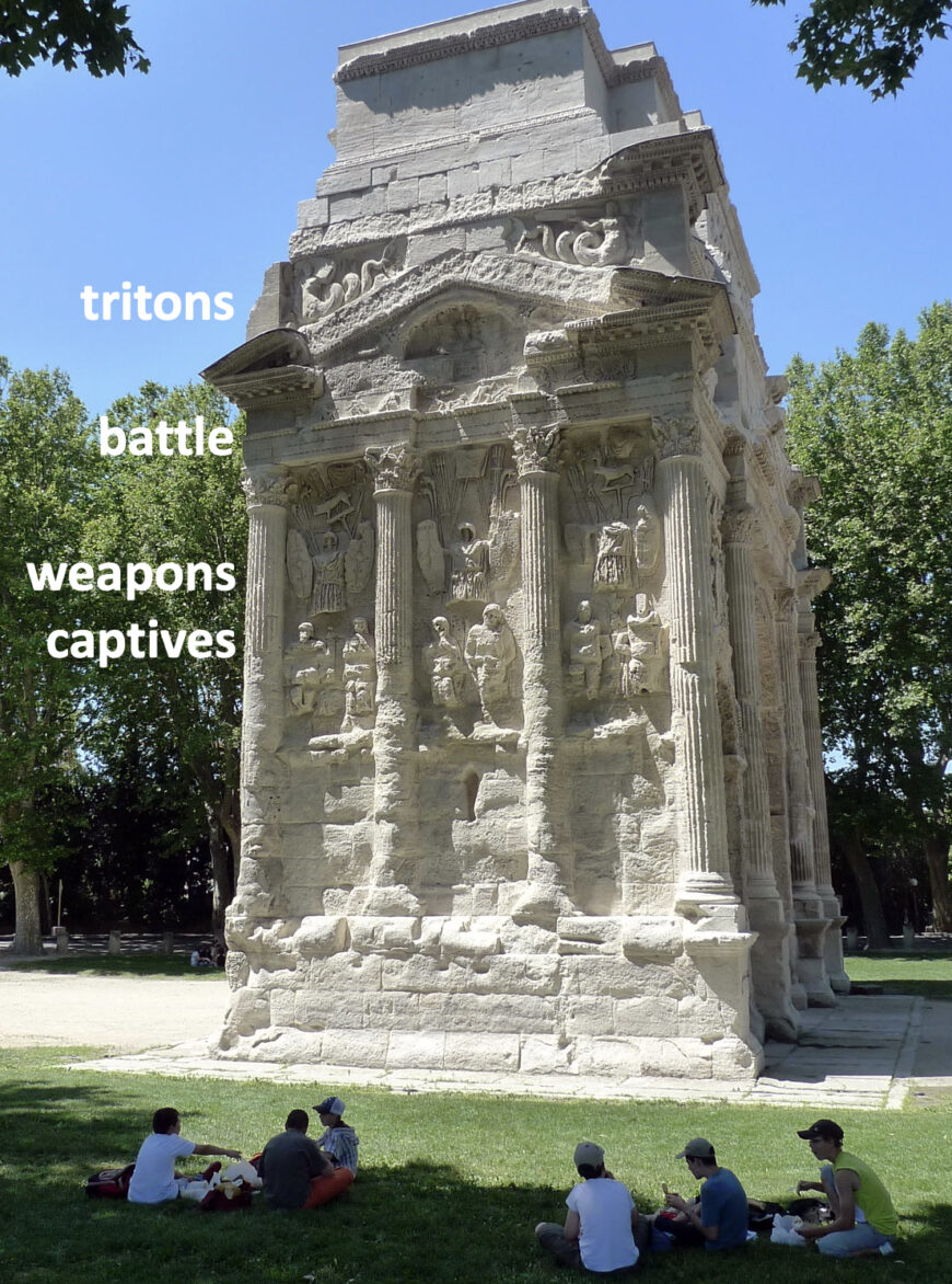 East side of the Arch at Orange, France, 20s B.C.E., stone, 19.21 x 19.57 x 8.4 m (annotated, original photo: jean-louis Zimmermann, CC BY 2.0)