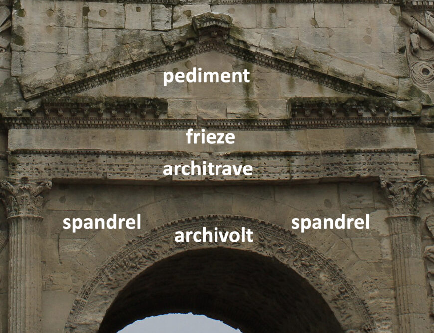 North side of the Arch at Orange showing the small holes in the architrave where the bronze letters of the dedicatory inscription were attached. Arch at Orange, France, 20s B.C.E., stone, 19.21 x 19.57 x 8.4 m (annotated, original photo: Christophe Finot, CC-by-SA 3.0)