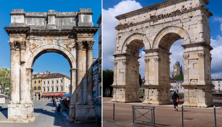 Left: This arch was dedicated by Salvia Postuma in honor of her husband and his relatives (CIL V, 50). There are personified victories sculpted in the spandrels on either side of the archway. Arch monument (west side), Pula, Croatia, c. 20–10 B.C.E., stone, 10.62 x 8 x 2.3 m (photo: Diego Delso, CC BY-SA 4.0); right: This arch was dedicated by Gaius Julius Rufus to the emperor Tiberius and his heirs (CIL XIII, 1036). It was taken apart and rebuilt on higher ground in the 1840s. Arch monument (west side), Saintes, France, c. 18–19 C.E., stone, 14.7 x 15.9 x 3.9 m (photo: Johan Allard, CC BY-SA 4.0)