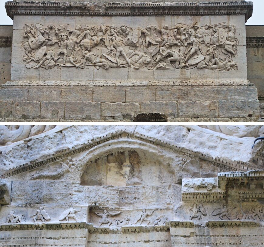 Top: North side of the Arch at Orange showing a battle scene in the Hellenistic Baroque style. Because there were never metal attachments added around this scene (in contrast to the one on the south side), scholars have wondered if the arch was left unfinished (photo: Tony Bowden, CC BY-SA 2.0); bottom: East end of the Arch at Orange with the battle frieze in the Classical style, .5 m high. This band of sculpture continues around the monument, except in the damaged areas and above the inscription on the north side (photo: Marianne Casamance, CC BY-SA 3.0)