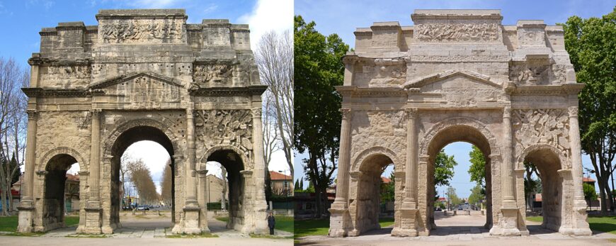 South side of the Arch at Orange in 2007 (left) and 2014 (right), before and after conservators cleaned pollution from the surface and filled in the larger attachment holes around the central archway and pediment (photos: Kimberly Cassibry (left) and Carole Raddato (right), both CC BY-SA)