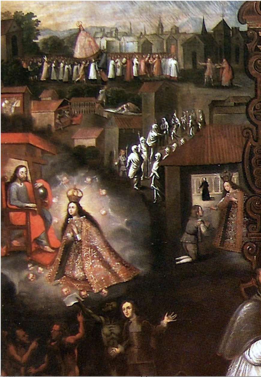 Left side (detail), attributed to Basilio Santa Cruz Pumacallao, Virgin of Bethlehem, 1661–1700, oil on cavas (Cathedral of Cuzco; photo: Project ARCA)