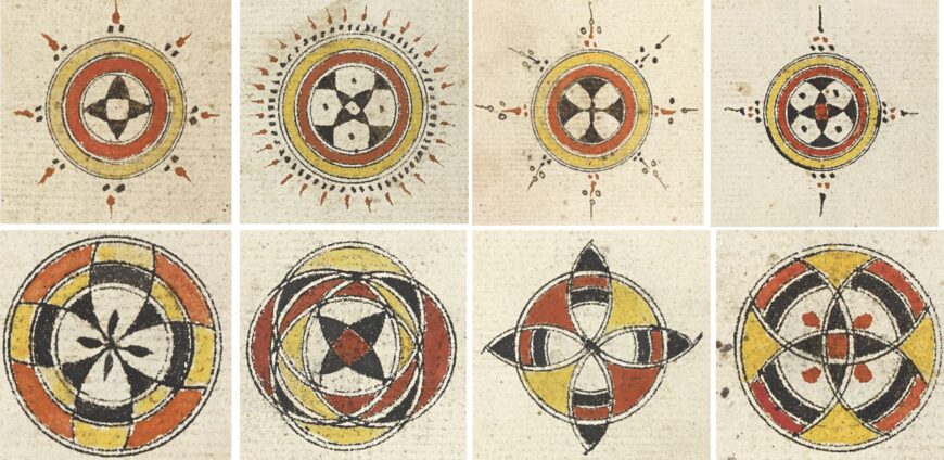 A selection of marginal ornaments indicating subdivisions of a juz’. Top line, left to right: folios 8 verso, 25 verso, 40 recto, 72 verso; bottom line, left to right: folios 57 verso, 62 recto, 70 verso, 88 verso (details), Qur'an, Aceh, 1820s (British Library, Or. 16915)