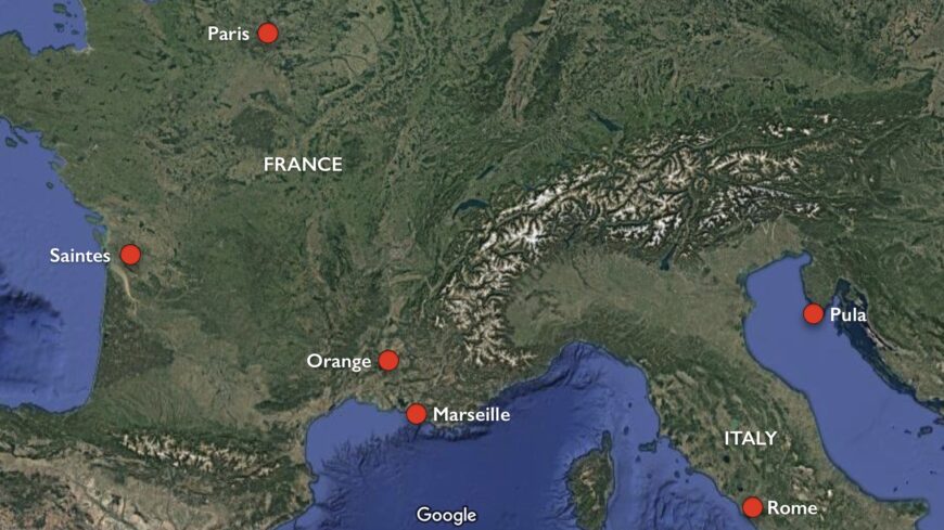 Map showing the location of Marseille, Orange, Saintes, Paris, Rome, and Pula (underlying map © Google)