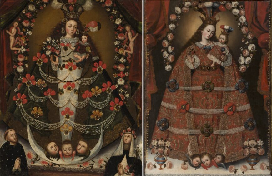 Left: unrecorded artist, Virgin of Pomata with Saint Nicholas Tolentino and Saint Rose of Lima, 1700–1750, oil on canvas, 66 x 53.3 cm (Brooklyn Museum); right: unrecorded artist, Virgin of Pomata, oil on canvas, 18th century, 152 x 110 cm (Museo Colonial, Bogotá)