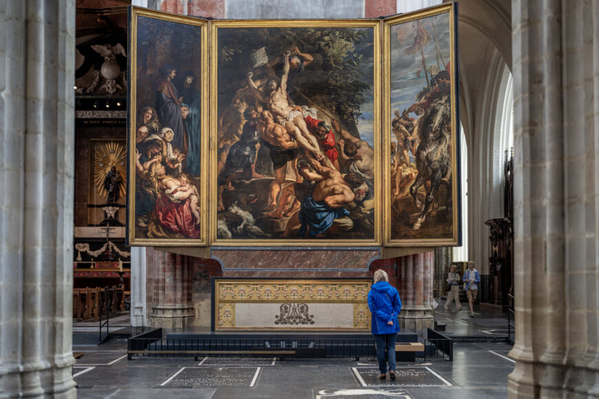 Peter Paul Rubens, Elevation of the Cross, from Saint Walburga, 1610, oil on wood, center panel: 15 feet 1-7/8 inches x 11 feet 1-1/2 inches (Antwerp Cathedral; photo: Steven Zucker, CC BY-NC-SA 2.0)