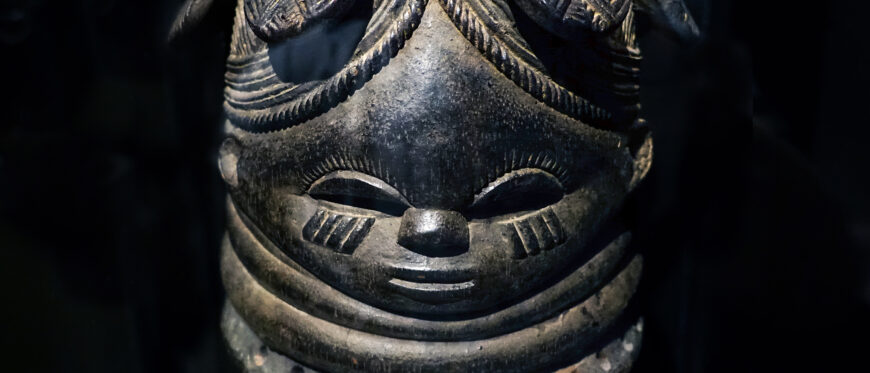 Bundu or Sowei Helmet Mask (Ndoli Jowei), Mende, Nguabu Master (Moyamba district, Sierra Leone), late 19th-early 20th century, wood and pigment, 39.4 x 23.5 x 26 cm (Brooklyn Museum)