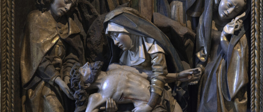 The Lamentation, c. 1480, walnut, paint, and gilt, 210.8 x 123.2 x 34.3 cm (Cloisters Museum), this is the central section of an altarpiece from the Benedictine monastery, Sopetrán, Spain