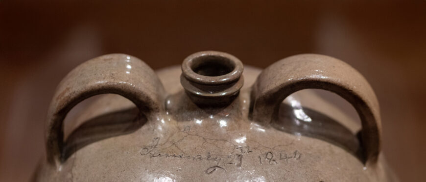 David Drake, Doubled-handled Jug (Lewis J. Miles Factory, Horse Creek Valley, Edgefield District, South Carolina), 1840, stoneware with alkaline glaze, 44.13 × 35.24 cm (Virginia Museum of Fine Arts)