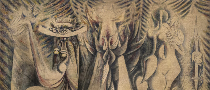 Wifredo Lam, The Eternal Presence (also known as The Eternal Present [Homage to Alejandro García Caturla]), 1944, oil and pastel over papier-mâché and chalk ground on bast fiber fabric, 216.5 x 195.9 cm (Museum of Art, Rhode Island School of Design)