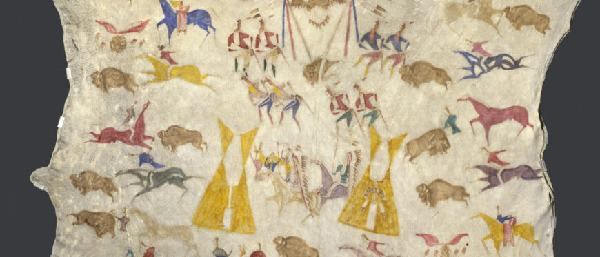 Attributed to Cotsiogo, Hide painting of the Sun Dance, c. 1890–1900 (Eastern Shoshone), elk hide and pigment, 205.7 x 198.1 cm (Brooklyn Museum, New York)