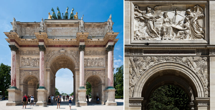 Left: East side of the Arc de Triomphe du Carrousel, Paris, France, 1806–31, stone, 14.6 x 19.5 x 6.7 m (photo: Sebastian Bergmann, CC BY-SA 2.0); right: south side of the Arc de Triomphe du Carrousel showing relief sculpture of armor below an allegorical scene depicting the Peace of Pressburg (photo: Thesupermat, CC BY-SA 3.0)