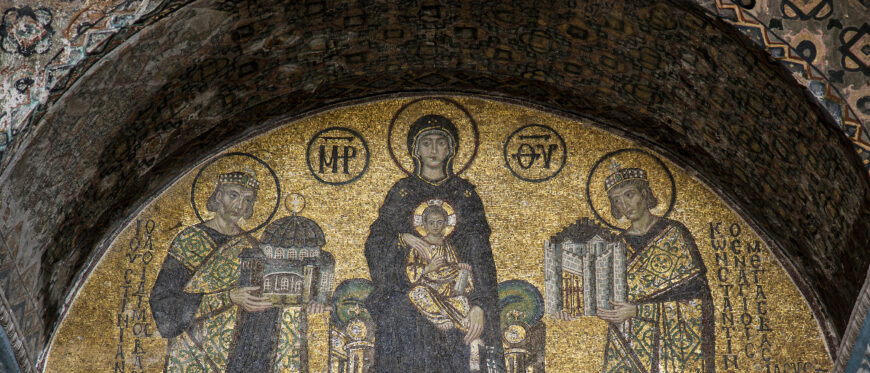 Southwest vestibule mosaic with the Virgin and Child flanked by emperors Constantine and Justinian, early 10th century, Hagia Sophia, Constantinople (Istanbul) (photo: byzantologist, CC BY-NC-SA 2.0)