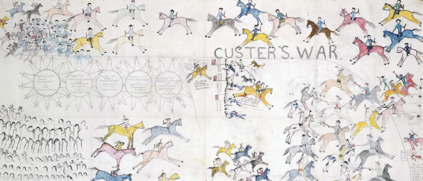 One Bull/Tȟatȟáŋka Waŋžíla (Hunkpapa Lakota), Custer's War (detail), c. 1900, 39 x 69 inches (irregular), pigments, ink on muslin (Minneapolis Institute of Art)