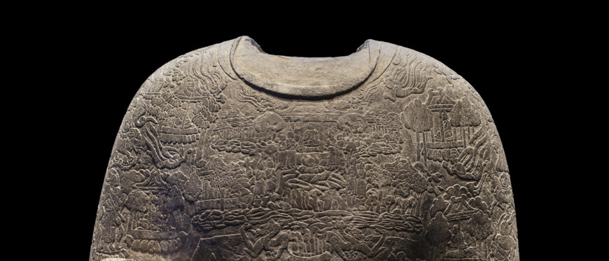 Mount Meru shown as a pillar wrapped with dragons below the neck. Buddha draped in robes portraying the Realms of Existence (detail), Northern Qi dynasty, 550–577, limestone, China, probably Henan province, 151.3 high, x 62.9 x 31.3 cm (Freer Gallery of Art, Smithsonian Institution, Washington, DC: Purchase — Charles Lang Freer Endowment, F1923.15)