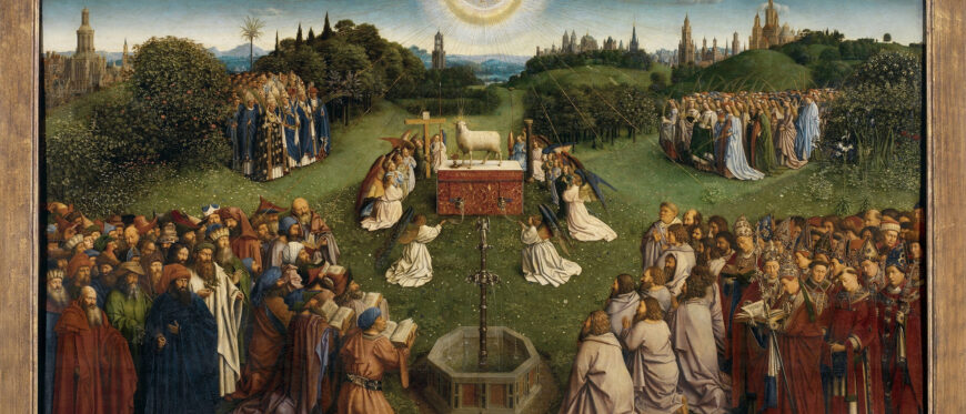 Adoration of the Mystic Lamb, bottom center panel, Jan van Eyck, Ghent Altarpiece (open), completed 1432, oil on wood, 11 feet 5 inches x 15 feet 1 inch (open), Saint Bavo Cathedral, Ghent, Belgium (photo: Closer to Van Eyck)