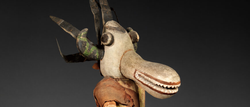Hopi, White Ogre Tihu (Katsina Figure), c. 1900, cottonwood, pigment, cotton cloth, tanned leather, and metal, made in Arizona, United States, 47 × 15.2 × 17.8 cm (The Metropolitan Museum of Art)