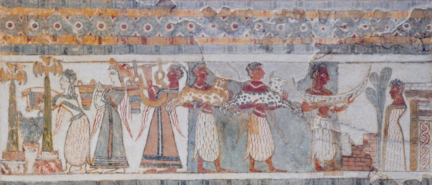 Hagia Triada sarcophagus, c. 1400 B.C.E., limestone and fresco, 1.375 x .45 x .985 m (Archaeological Museum of Heraklion, photo: Carole Raddato, CC BY-SA 2.0)