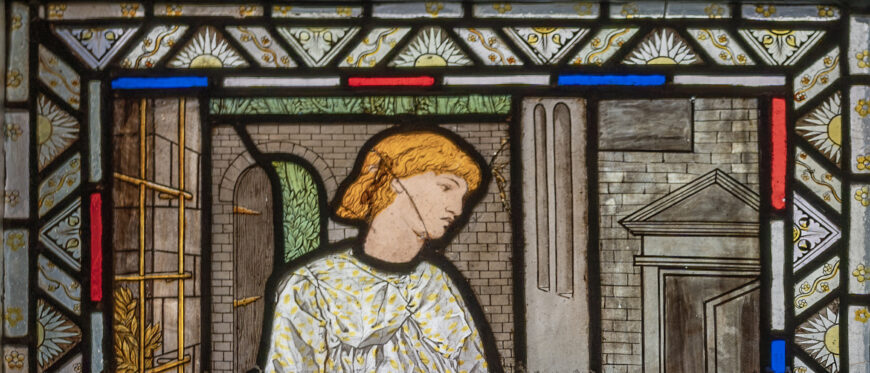 Stained glass panels from The Green Dining Room at the Victoria and Albert Museum, London. Part of a series entitled The Garland Weavers, designed by Sir Edward Burne-Jones and made by Morris, Marshall & Faulkner & Co. England, 1866-67.