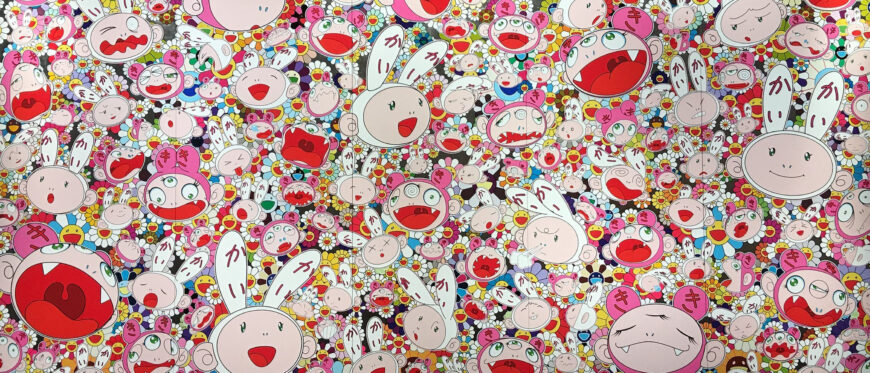 Takashi Murakami, Lots, lots of Kaikai and Kiki, 2009, acrylic and platinum leaf on canvas on aluminum frame, 300 x 608 cm (private collection, © Takashi Murakami, Kaikai Kiki Co., Ltd.)